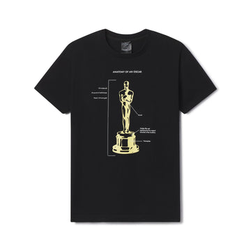 Black t-shirt with gold graphic of an Oscar statue and text on a white background Anatomy of an Oscar Academy Awards Adult tshirt for men and women